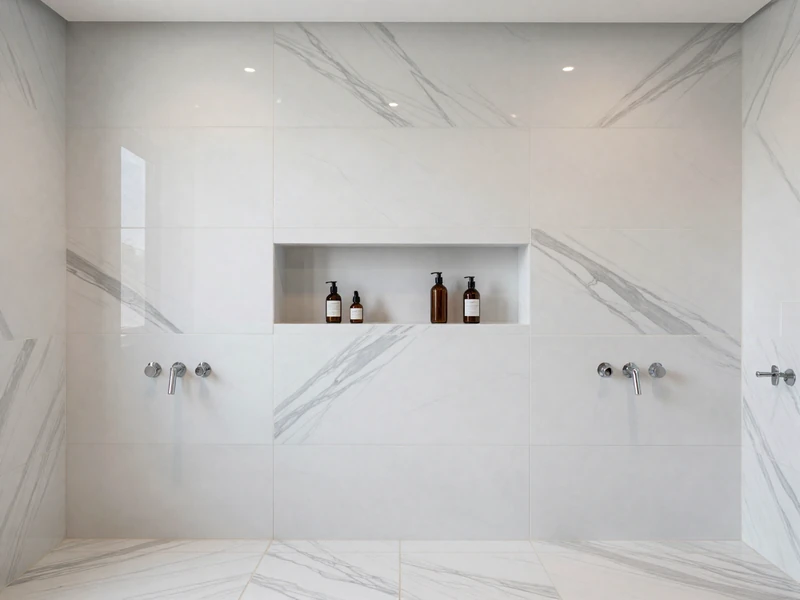 Floor-to-ceiling natural stone tile installation