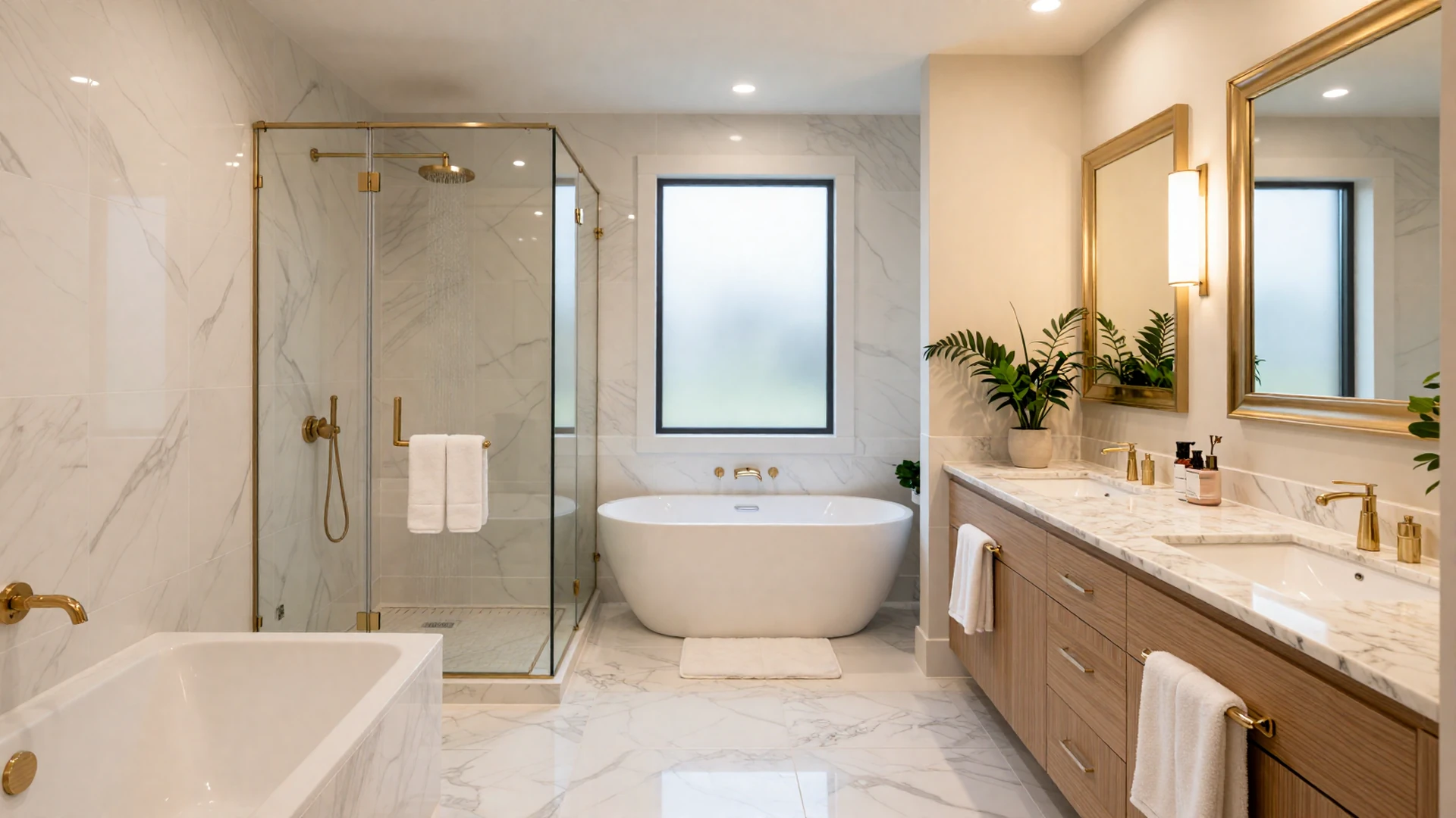 Luxury master bathroom with marble tile, walk-in shower, and premium fixtures