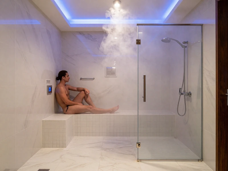 Steam shower with chromatherapy lighting and built-in bench